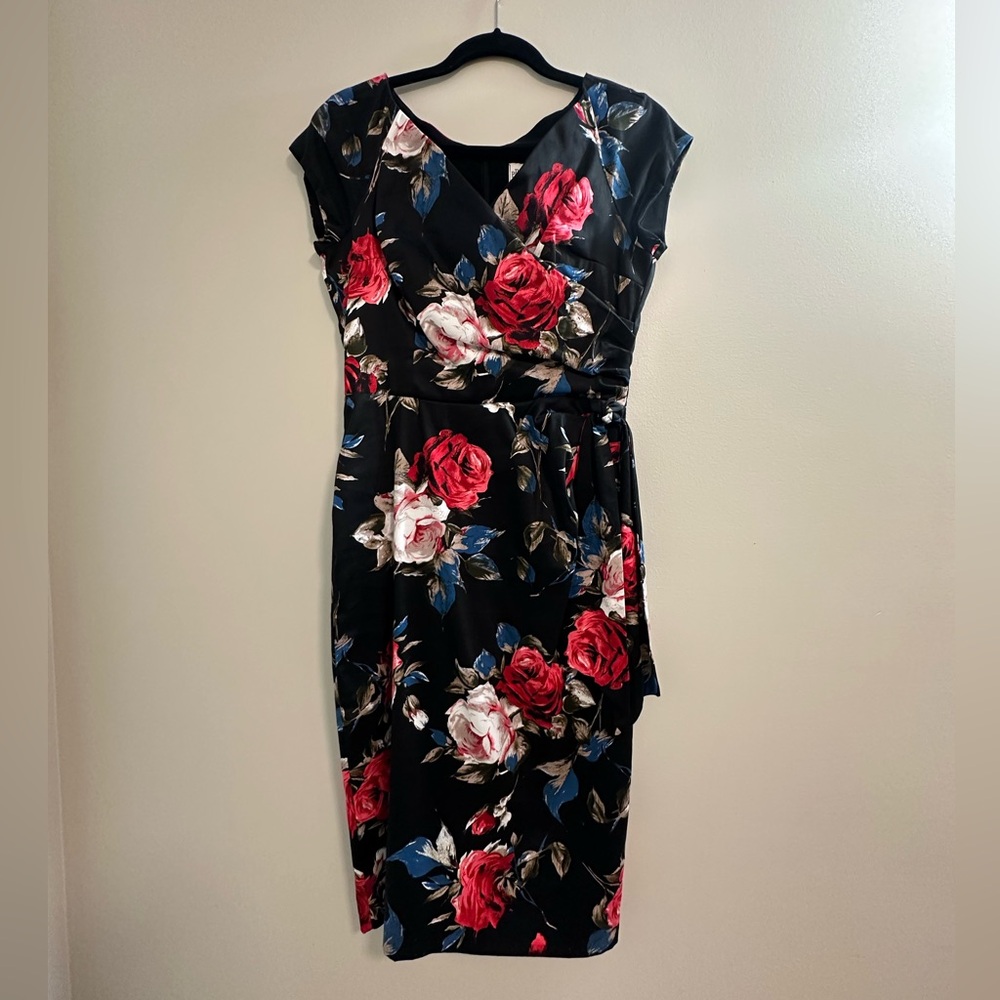 Floral Black Dress with Red and White Roses